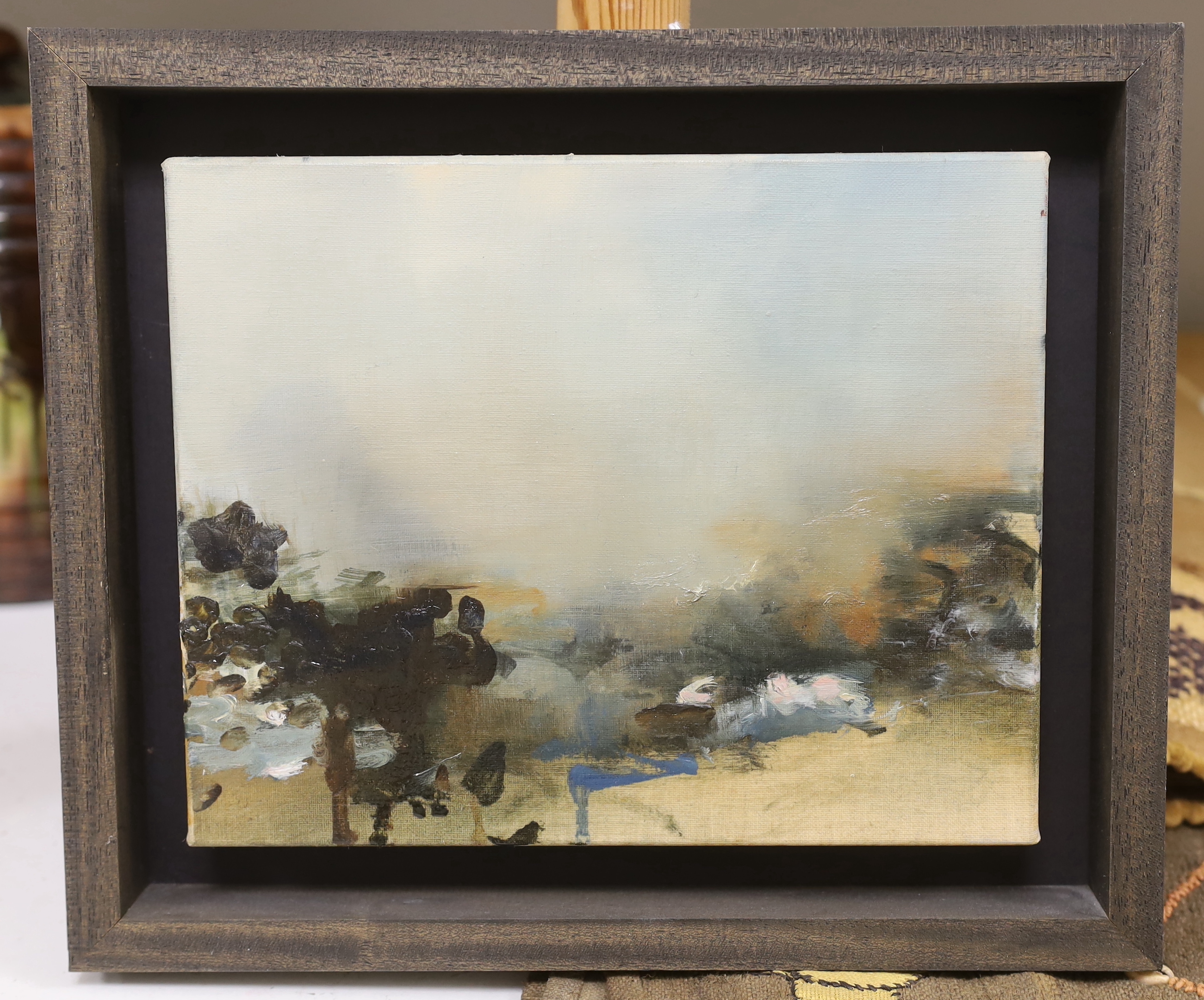 Linda Felcy, contemporary abstract oil on canvas, 'Rain comes softly', signed verso, 25 x 21cm